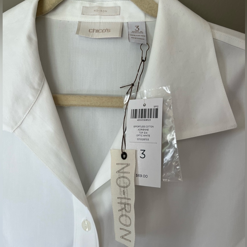 Chicos New No Iron 3/4 Sleeve White Button Down Top Blouse Womens Sz 3 Shirt